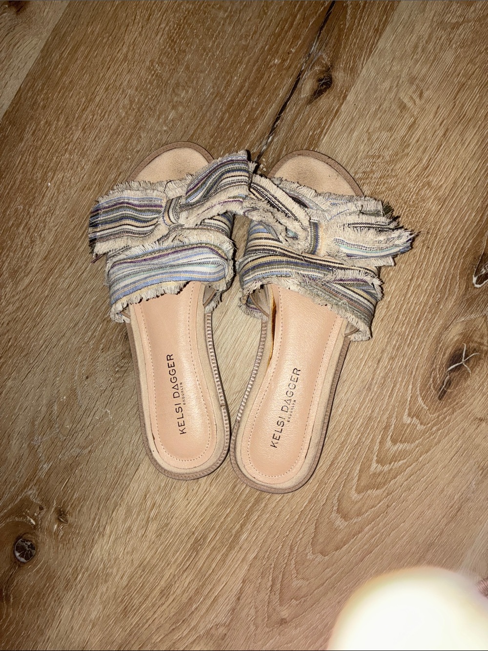 Kelsi Dagger Beige Multi-Stripe Bow Slide Sandals